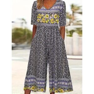 Floral Wide Leg Jumpsuit Womens V-Neck Short Sleeve Sunflower Print